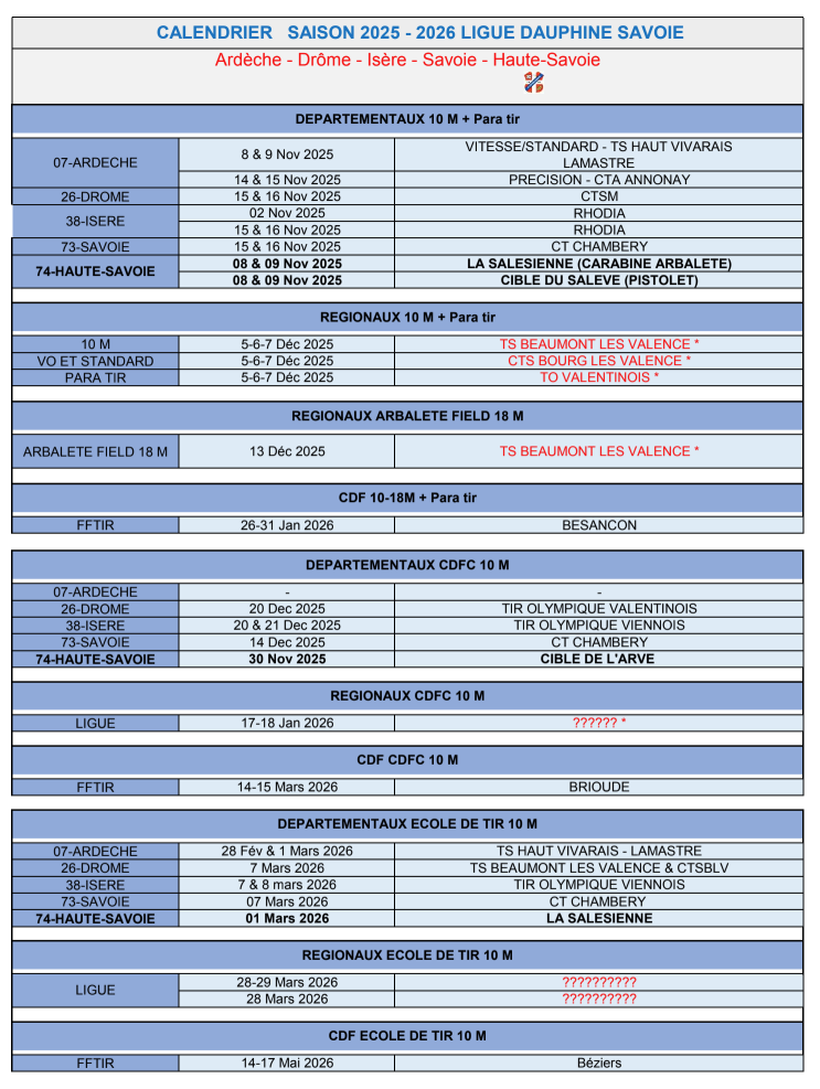 Calendrier compétitions 1