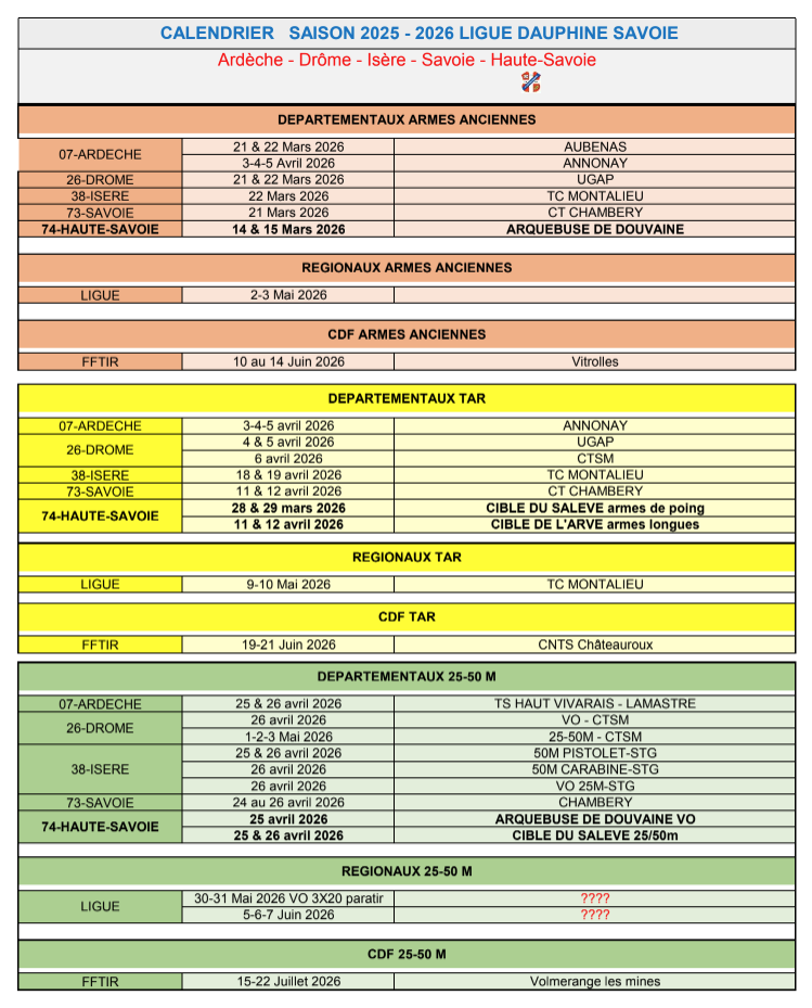 Calendrier compétitions 2